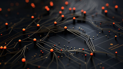 A black and orange image of a network of lines and dots