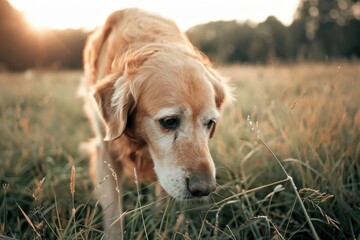 Street dog in the park on green grass on a summer day. Close-up portrait of a dog. Homeless animals. Beautiful simple AI generated image