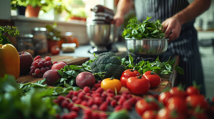 A person preparing a smoothie with fresh fruits and vegetables in a bright, modern kitchen