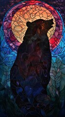 A silhouette of a powerful bear in profile, against a vibrant, circular stained glass backdrop.