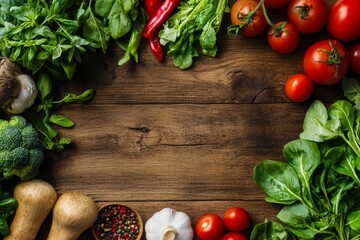 A top view of fresh vegetables and ingredients arranged around the edge of a wooden background, creating a vibrant and appetizing display. The composition symbolizes healthy eating, natural ingredient