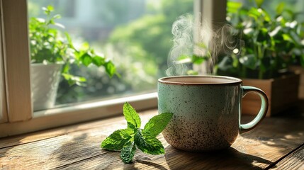 Wall Mural -   A cup with steaming water sits on a table beside a window sill adorned with potted plants