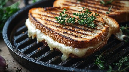 Wall Mural -   Grilled sandwich with cheese & herbs on black pan on wooden table