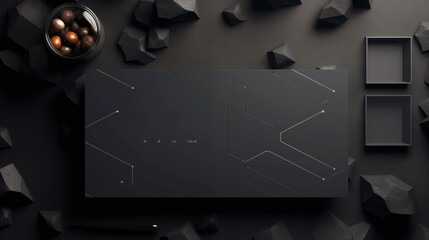 Wall Mural - a black box with a gold border sits on a table with a pile of rocks. there is space for text.