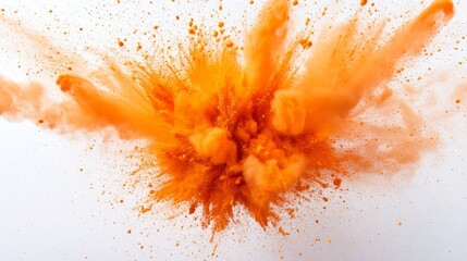 Wall Mural - A vibrant orange powder explosion captured mid-air against a pristine white background. The explosion represents energy, creativity, and passion. The white background provides a clean canvas for the c