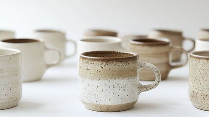 Wall Mural -   A row of coffee mugs sits together on a white table against a white wall backdrop