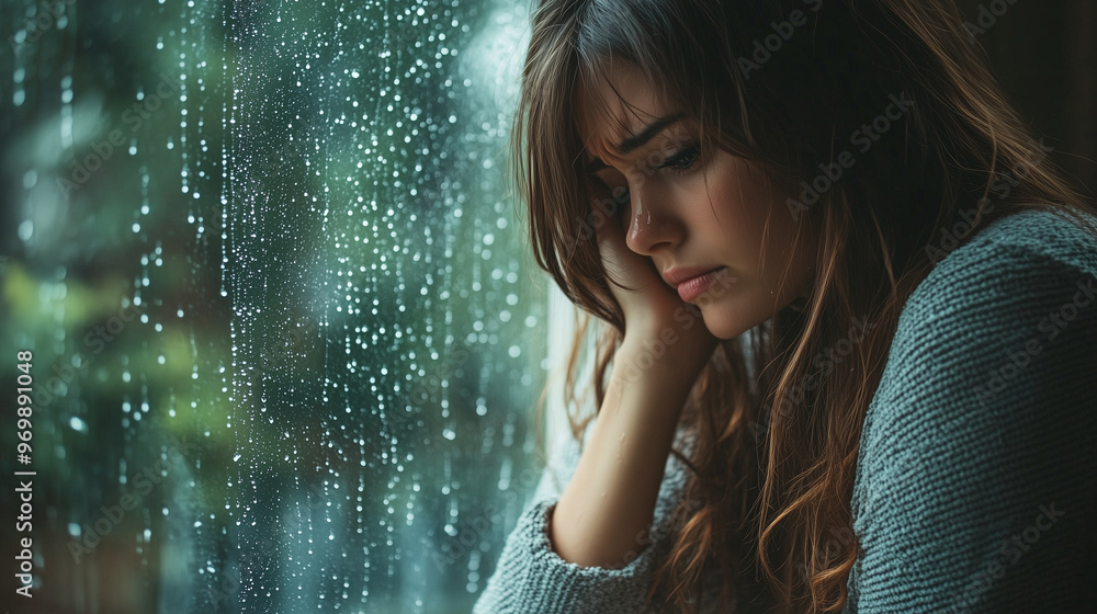 sad woman sitting by a window, mental health awareness, raindrops roll ...
