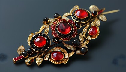 Elegantly crafted gold brooch featuring a striking red gem adorned with black stones