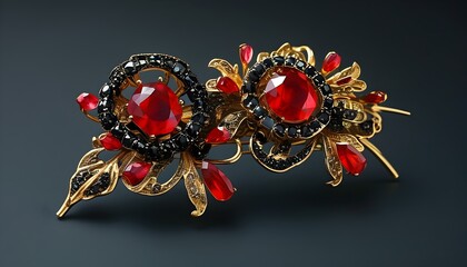 Elegantly crafted gold brooch featuring a striking red gem adorned with black stones