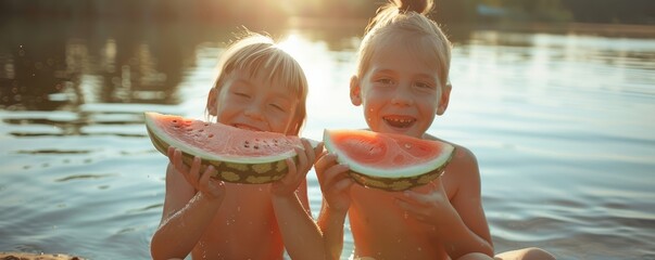 Two children happily enjoying slices of watermelon by a serene lake in the sunlight. Free copy space for banner.