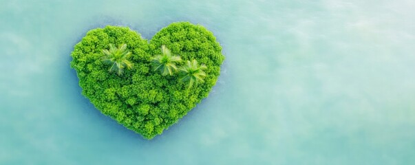 aerial drone photo of a tropical palm island in the shape of a heart, surrounded by tons of empty space.