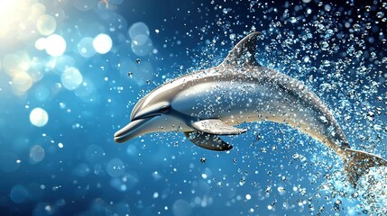   A dolphin jumps out of the water, emitting bubbles from its mouth and creating a splash