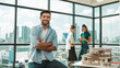 © InfiniteFlow - Portrait of architect engineer smile at camera while crossing arms. Businessman looking at camera and sitting with arms folded near house model while team discussion about house design. Tracery