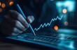 © SKIMP Art - Businessman drawing a graph with a blue arrow pointing upward on a virtual screen In the background, there is a business data or market data display and a candlestick chart rising upward Generative AI