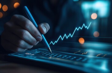 Businessman drawing a graph with a blue arrow pointing upward on a virtual screen In the background, there is a business data or market data display and a candlestick chart rising upward Generative AI