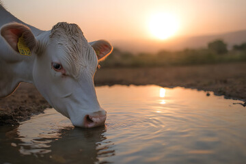 Wall Mural - Cows Drinking Water at Farmyard During Sunset, Serene Rural Landscape and Evening Light