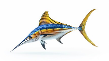 A blue marlin with yellow stripes swims through the water with its mouth open.