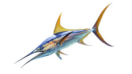 A blue marlin with a long, pointed bill and a yellow dorsal fin swims through the water.