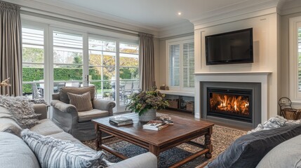 Wall Mural - Cozy Living Room with Fireplace, Plush Couches, and a Large Window