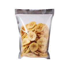 Dried banana chips in a clear bag, perfect snack for health-conscious individuals. Crunchy and tasty for any occasion.