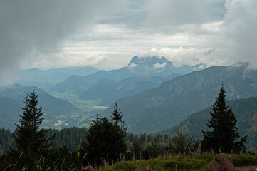 view from the top of the Steinplatte mountain near Waidring in Tyrol in Austria