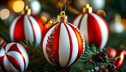 Festive red and white striped Christmas ornament adorned with a shimmering gold cap