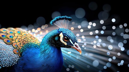 Wall Mural -   A sharp image of a peacock against a dark backdrop with a blurred light boke in the rear