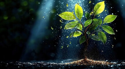 Poster -   A green plant emerges from the ground, illuminated by bright beams of light against a dark background