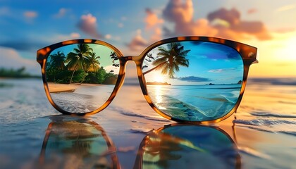 Wall Mural - Tropical beach scene reflected in sunglasses, capturing the essence of summer vacation and leisure travel vibes