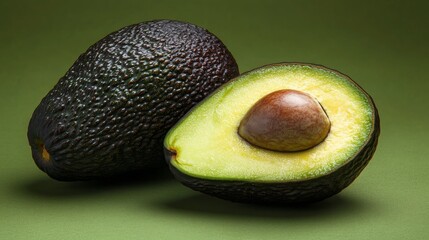 Avocado on Green Background Whole and Sliced, Green, Healthy, Food, Nutrition