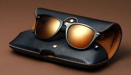 Sleek sunglasses resting in an elegant black leather case adorned with rich brown lining