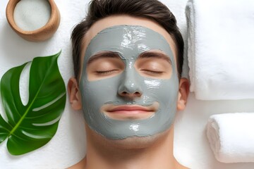 Man with clay mud on white background. Skincare and spa treatment concept. Beauty and wellness. Natural cosmetic products. Beauty or spa salon