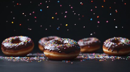 Canvas Print - Chocolate Glazed Donuts with Rainbow Sprinkles Falling, Donuts, Sprinkles, Chocolate ,dessert, food, sweet