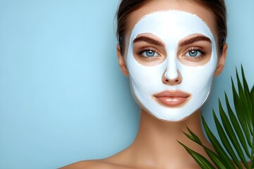 Wall Mural - Woman with clay facial mask on blue background with green leaves. Skincare and spa treatment concept. Beauty and wellness. Natural organic cosmetic product and eco friendly lifestyle