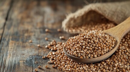 Wall Mural - Buckwheat Grains in Wooden Spoon and Sack