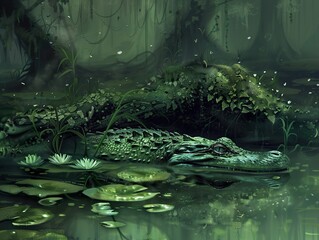 Poster - Alligator Lurking in a Lush Swamp