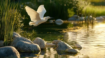 Canvas Print -   A white bird flies over a body of water, lush green grass, and rocky forest landscape