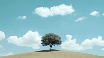 Wall Mural - Lone tree on grassy hill under blue sky, serene landscape. Nature tranquility and solitude concept