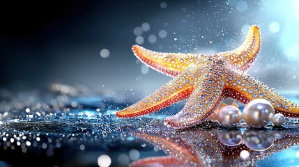   A starfish sits atop a table beside white pearls on a reflective surface