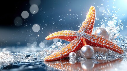   A close-up of a starfish adorned with pearls on its back, with water splashing on its surface