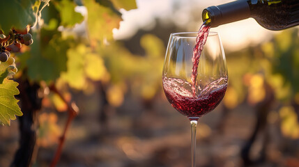 Close-up of red wine being poured into a glass in a lush vineyard at sunset, with grapevines in the background.