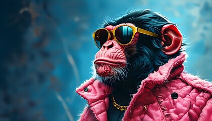 Wall Mural - Vibrant Pop Art Monkey in Sunglasses and Pink Autumn Coat Against a Bold Blue Background, Elevating a Futuristic Fantasy Vision