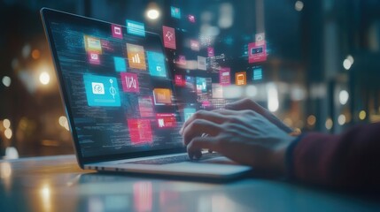 Person using laptop with glowing icons and data.
