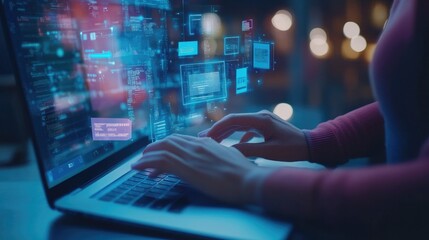 Person working on a laptop with digital information.