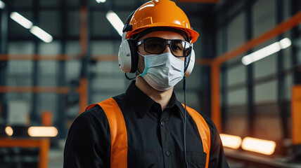 Wall Mural - gentleman worker employee industry factory engineer wears helmet mask headphone in warehouse tone orange