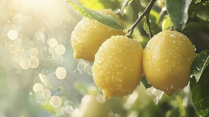 Wall Mural -   A close-up of two lemons hanging from a tree, with droplets of water on both the fruit and leaves