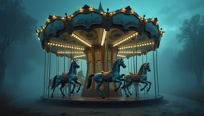 A haunted carousel with cracked and faded paint, eerie, ghostly horses frozen in time, and a foggy night sky creating an ominous, mystical atmosphere.