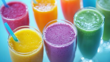 Poster -   A collection of various hued beverages arranged together on a blue table with straws in every one of them