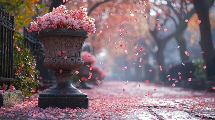   A lush green park hosts a vase brimming with vibrant pink flowers, resting atop a nearby tree filled with the same hue