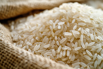 pile of raw white rice grain, food background. Healthy eating. Selective focus